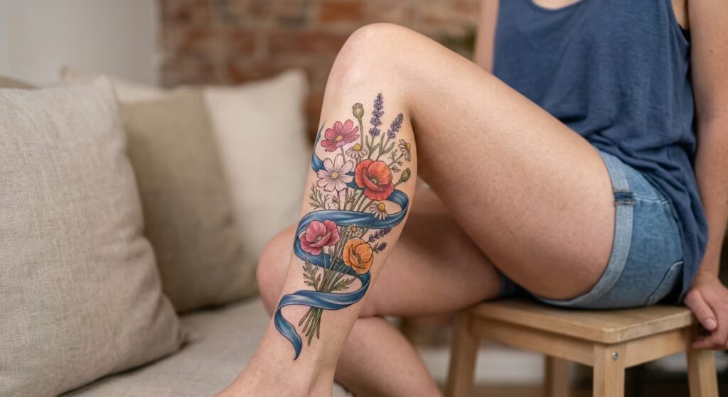 Lathyrus Odoratus Botanical Illustration Vine Wrap Thigh Tattoo