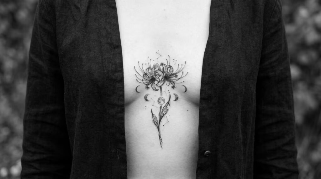 Lunar Lace Spider Lily Tattoo: Sternum Drop Design