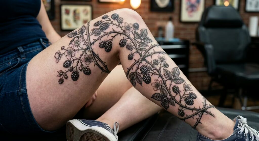 Meadow_s Silk Ribbon Wildflower Vine Wrap Leg Tattoo