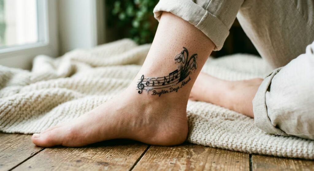 Melody of Hope A Tambour-Embroidered Brighter Days Ahead Tattoo for Women and Snowdrops