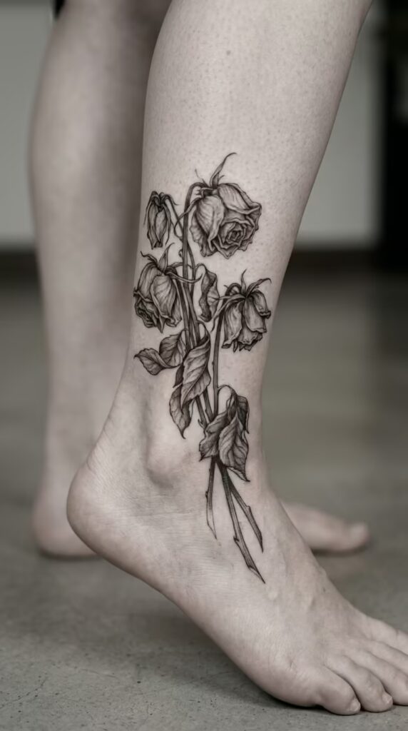 Memento Mori Rose Flower ankle tattoo