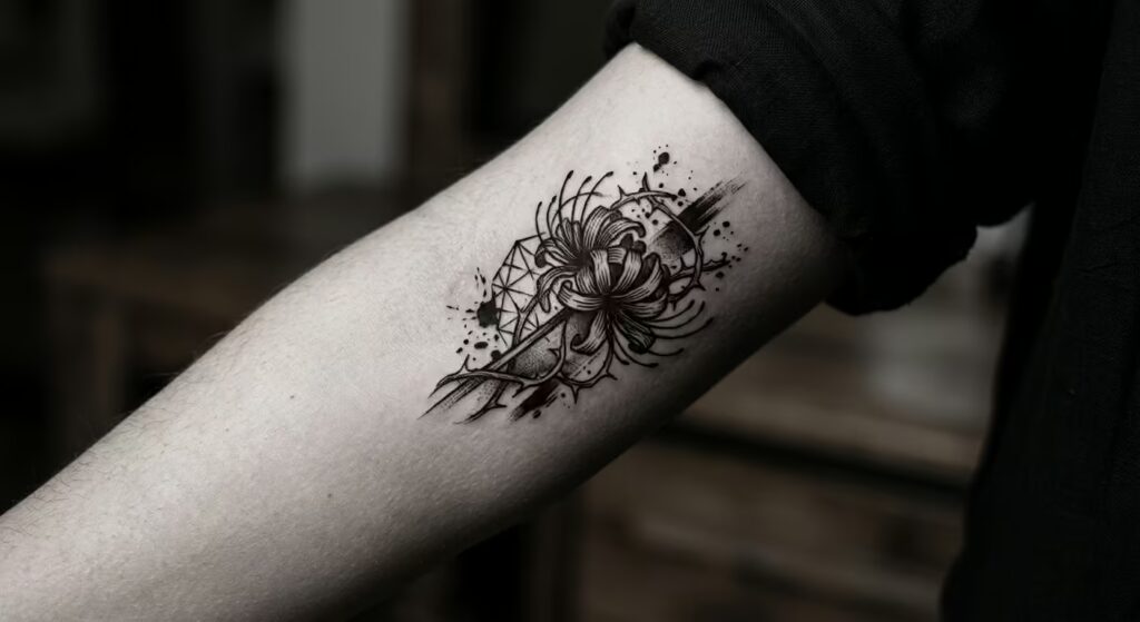 Midnight Thorns: Woodcut Folklore Spider Lily Elbow Tattoo