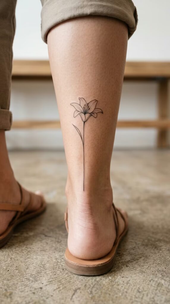 Minimalist Lily Achilles Flower ankle tattoo