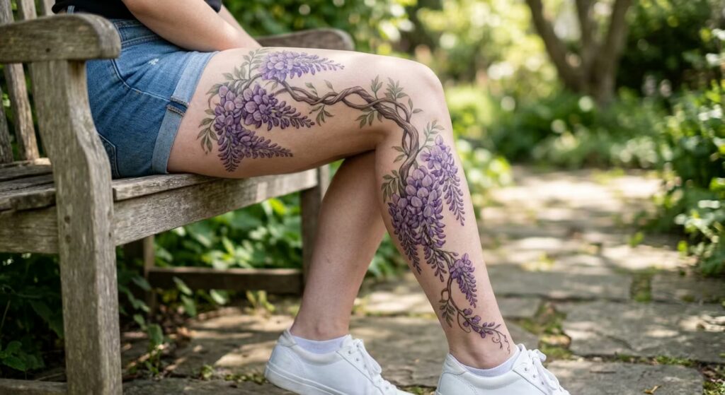 Morning Glory & 'Spine of Enlightenment' Vine Wrap Leg Tattoo