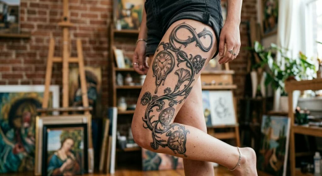 Negative Space Botanical Garter Vine Wrap Leg Tattoo