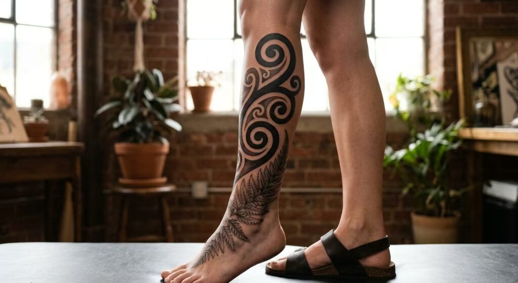 Peony, Lace & Jasmine Vine Wrap Leg Tattoo