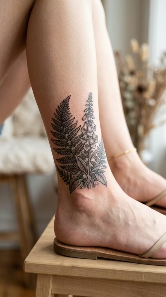 Rustically Etched Fern and Foxglove Flower ankle tattoo