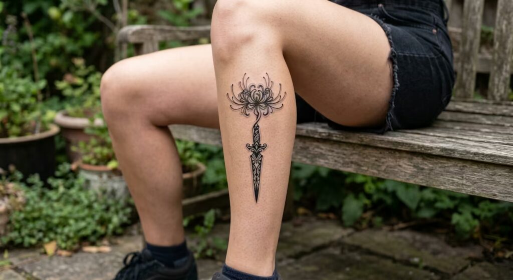 Spider Lily Tribal Dagger: Vertical Shin Tattoo