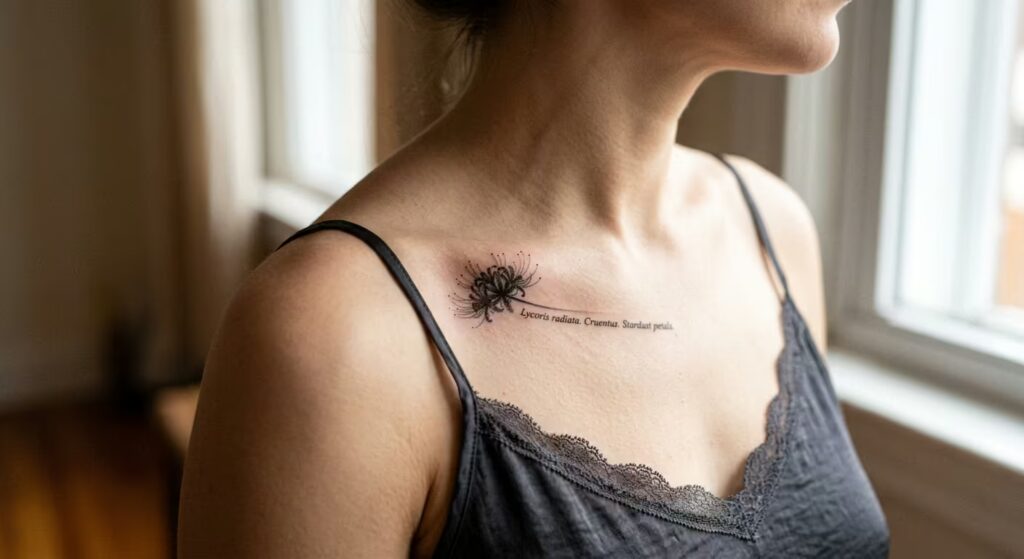Stardust Epaulet: Minimalist Spider Lily Tattoo on the Clavicle