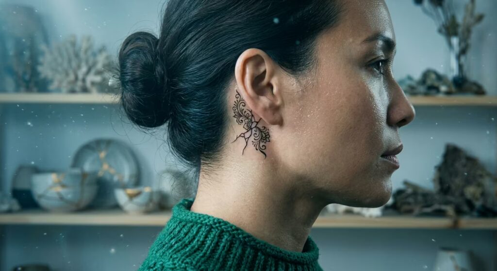 Stoic Mended Flow Behind the ear tattoo