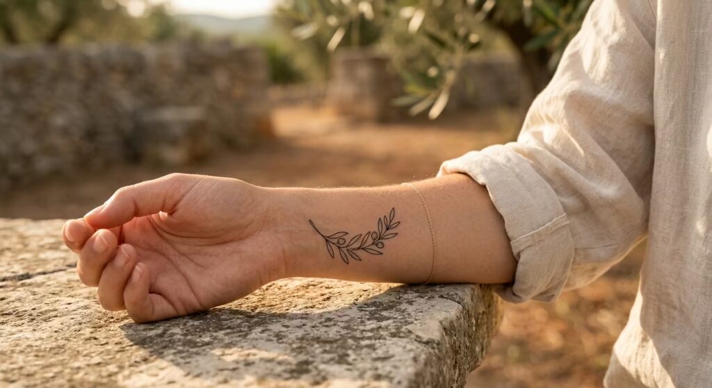 Sun-Drenched Grace_ Continuous Line Olive Branch Tiny Wrist Tattoos