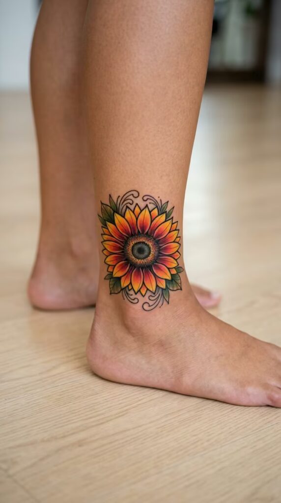 Sunflower Sunset Flower ankle tattoo