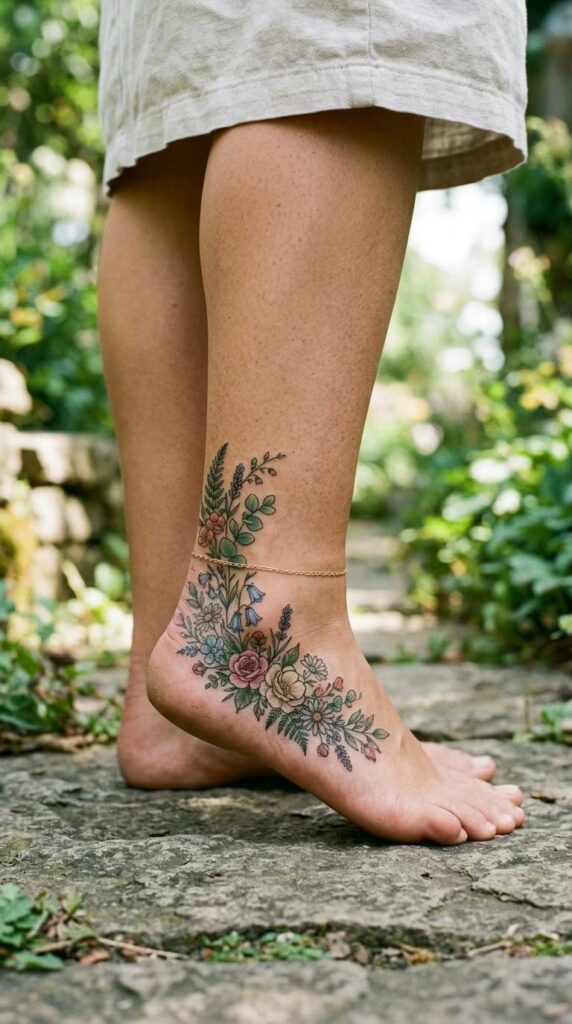 The Botanical Heel Wrap Flower ankle tattoo