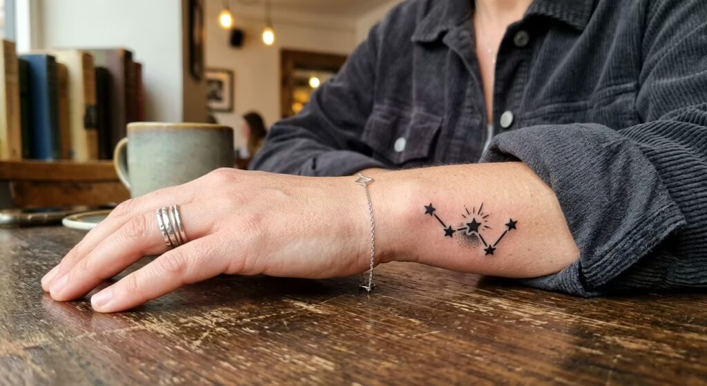 The Cassiopeia Hidden Ember_ Unique Tiny Wrist Tattoos for Enduring Spark