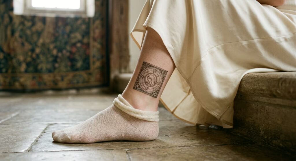 The Dolorosa Volvelle A Delicate Medieval Art Tattoo for Women