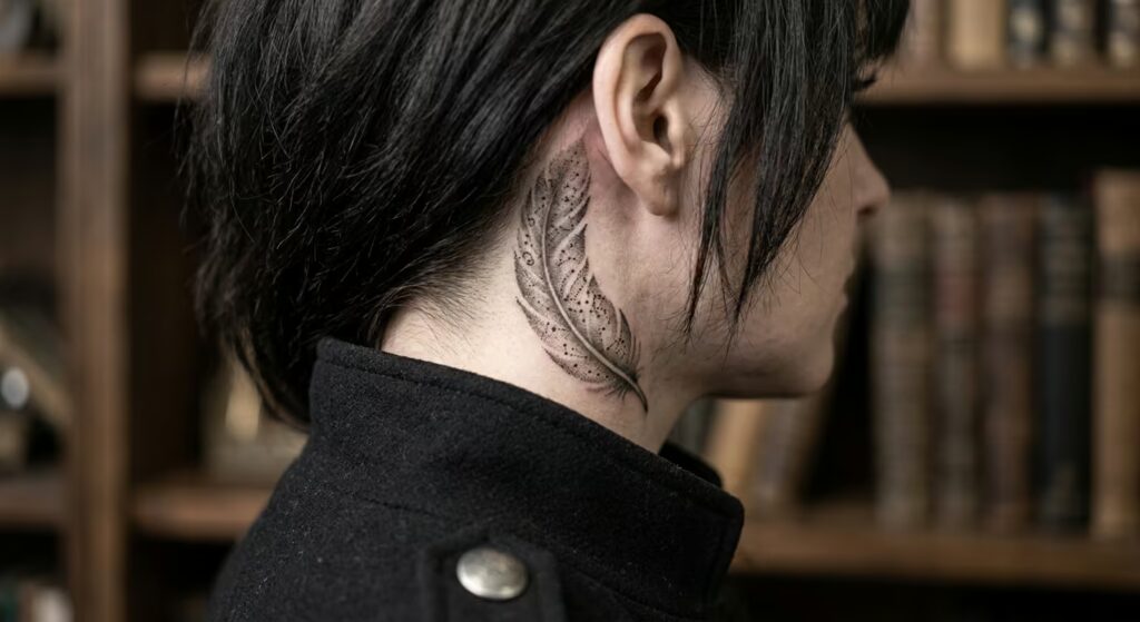 The Gothic Stardust Feather behind the ear tattoo