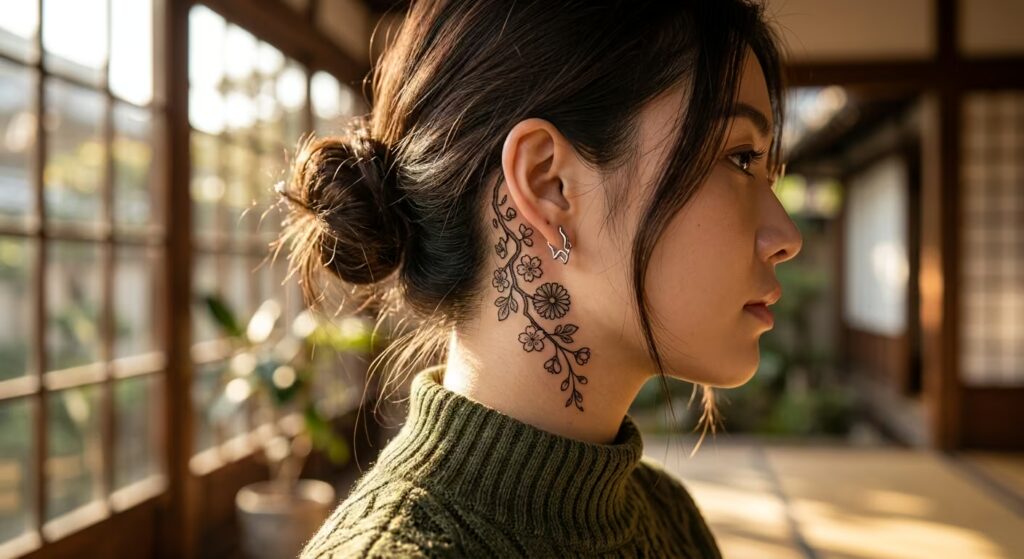 The Irezumi Cascading Vine Behind the ear Tattoo
