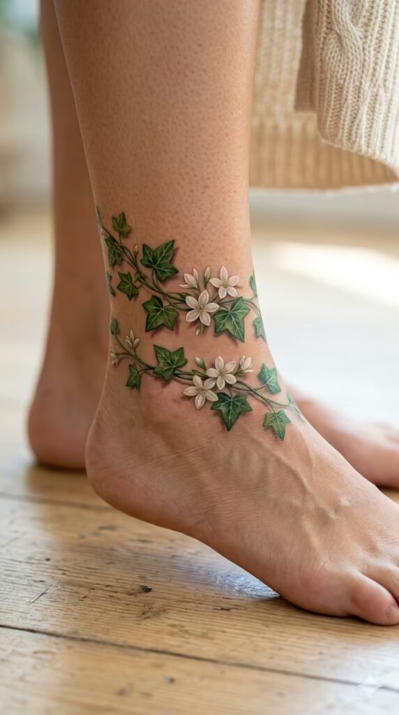 The Ivy and Jasmine Flower ankle tattoo
