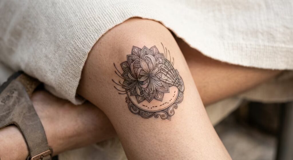 The Memoria Pluck: Filigree Spider Lily Knee Tattoo