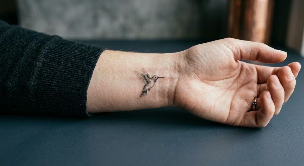 The Meticulous _Hummingbird in Flight__ Tiny Wrist Tattoos of Quiet Resilience