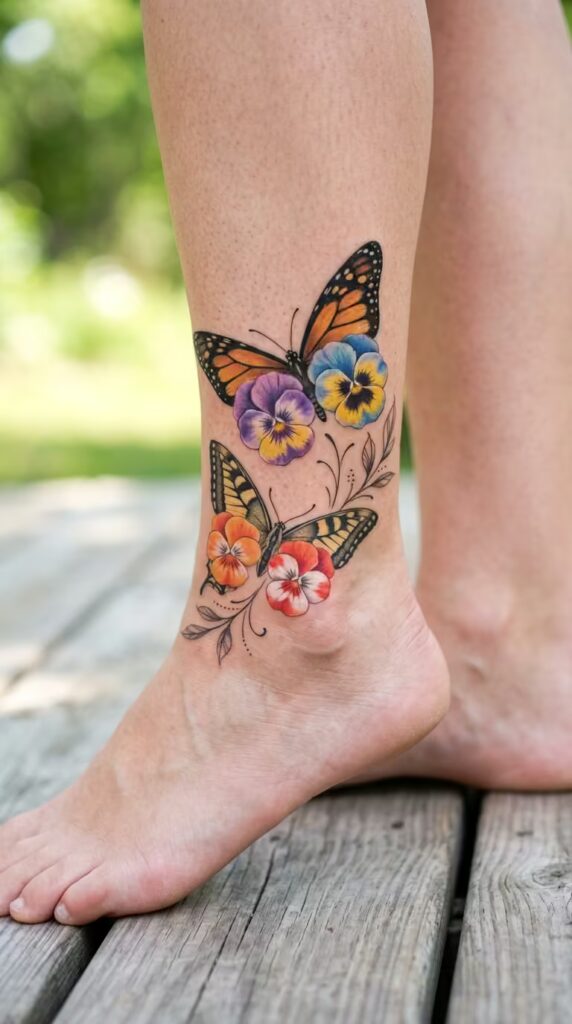 The Petal-Winged Butterflies Flower ankle tattoo