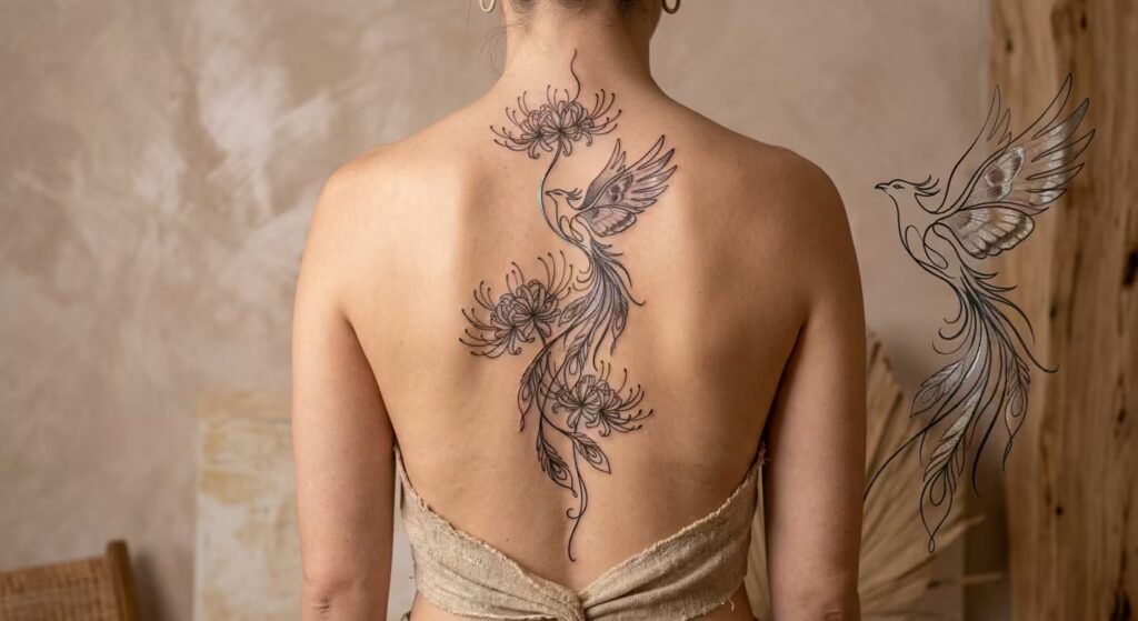 The Phoenix Rise: Iridescent Spine Trail Spider Lily Tattoo