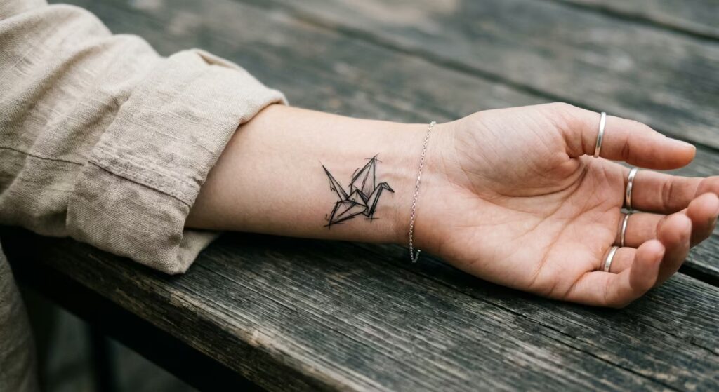 The Rise of Resilience_ An Origami Crane Sketch Tiny Wrist Tattoo
