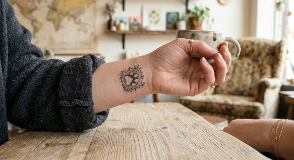 The Secret Compass Paw Print_ A Whimsical Journey in Tiny Wrist Tattoos
