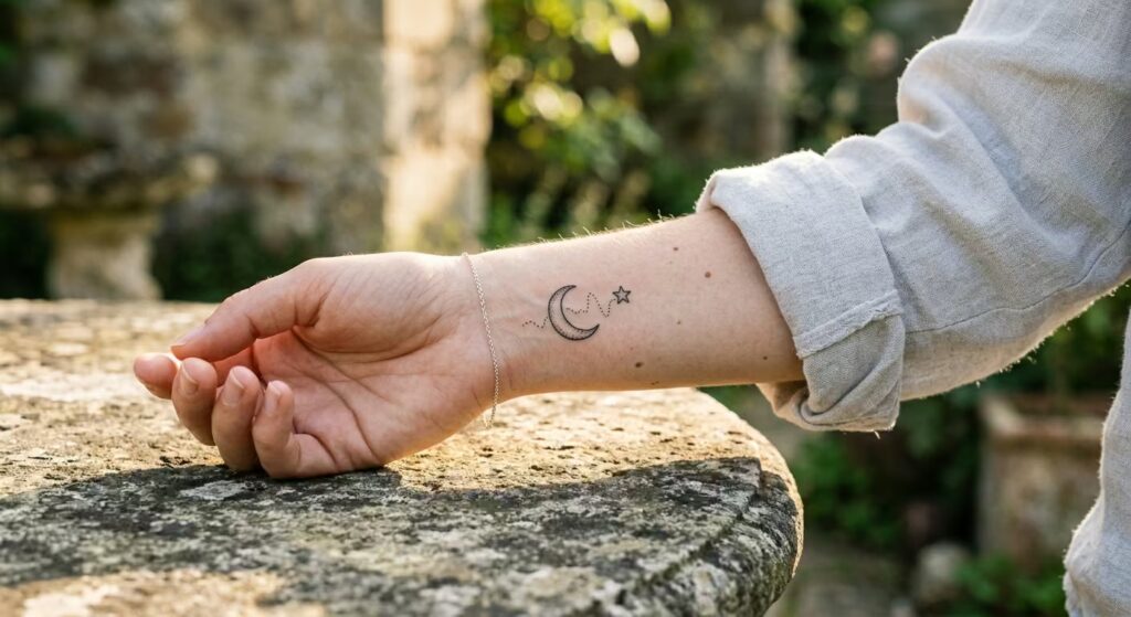 The Steady Pulse Moon & Star_ Distinctive Tiny Wrist Tattoos