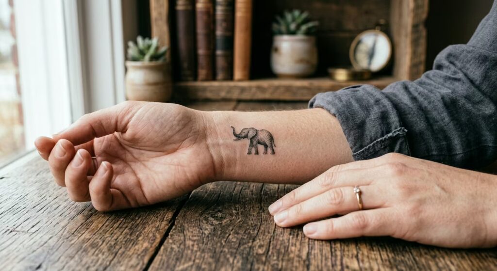 The Stippled Strength_ A Fierce Elephant Tiny Wrist Tattoo