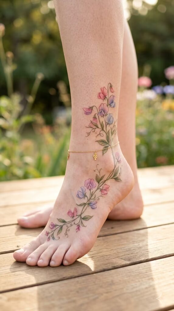 The Sweet Pea Vine Wrap Flower ankle tattoo