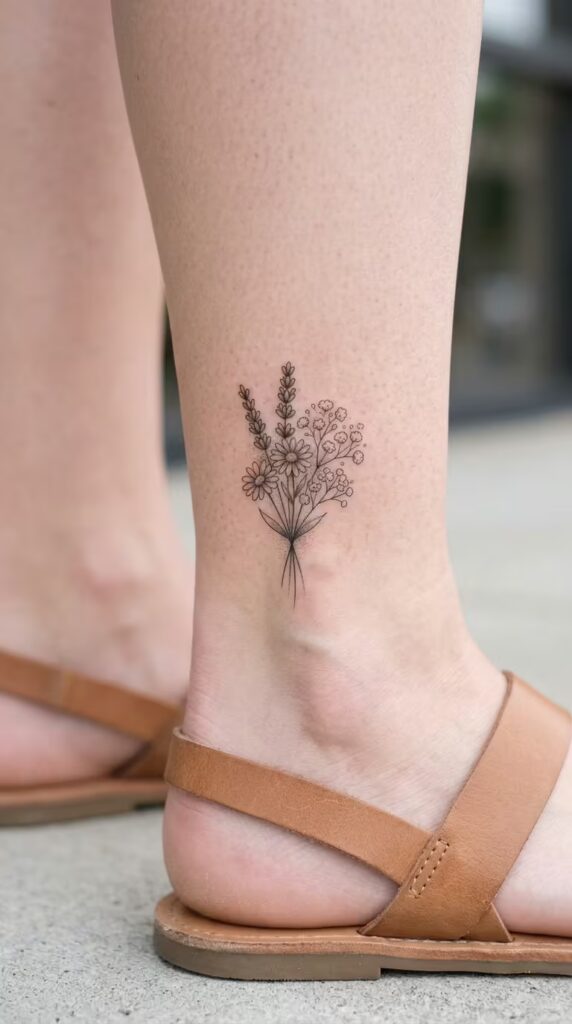 Tiny Wildflower ankle tattoo