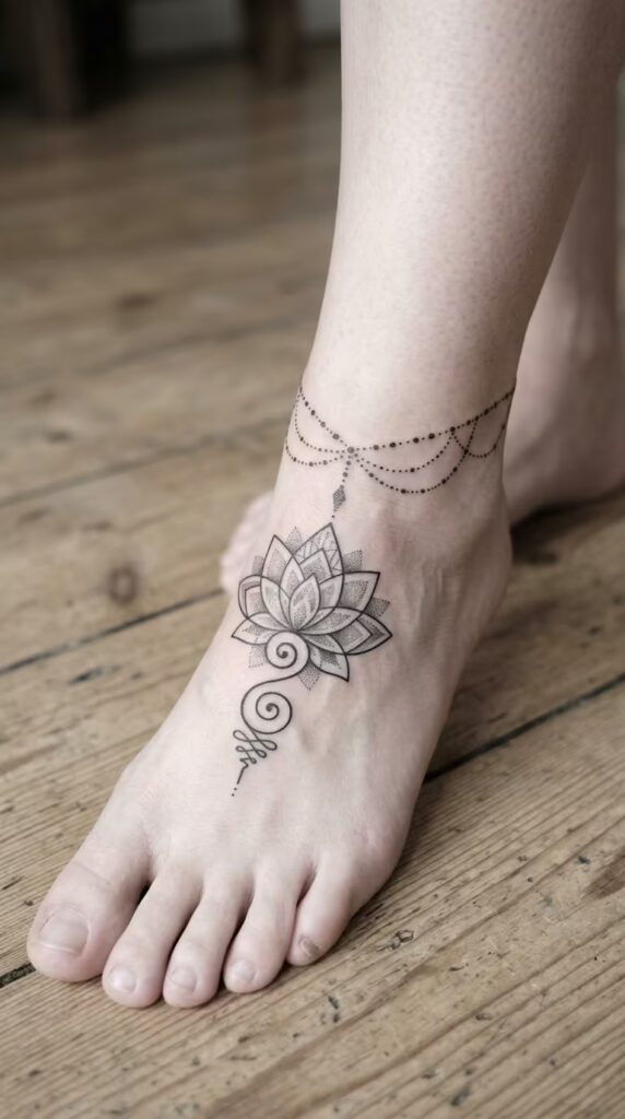 Unalome Sacred Lotus Flower ankle tattoo