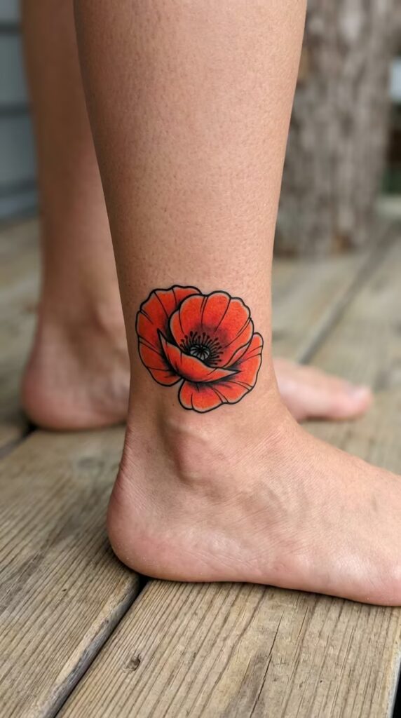 Vibrant Fiery Red Poppy Flower ankle tattoo