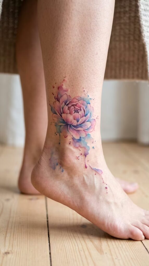 Watercolor Peony ankle tattoo