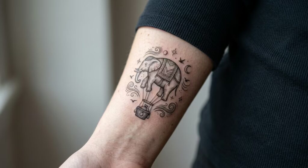 Whimsical Scrimshaw Celestial Elephant Hot Air Balloon Tattoo