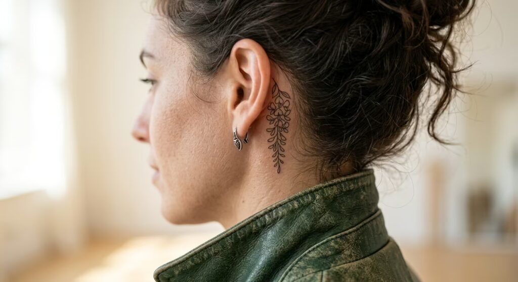 Wisteria Thread behind the ear tattoo