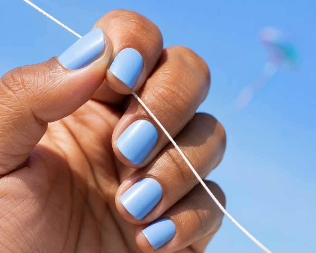 Baby Blue Satin Square One-Color Summer Nail Design