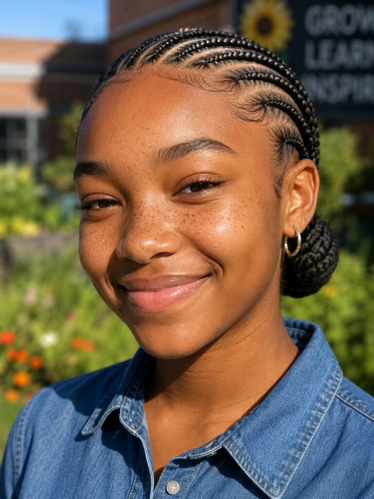 Stitch Braids into a Low Bun back to school hairstyles for black women
