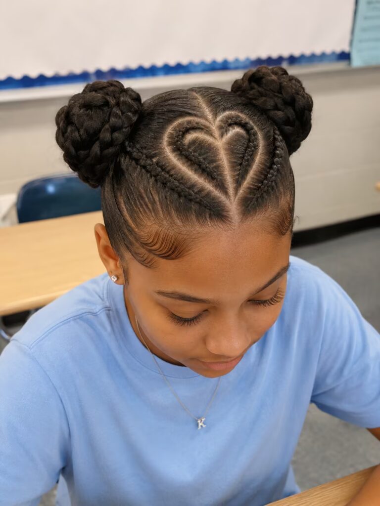 Heart-Part Braided Buns back to school hairstyles for black women