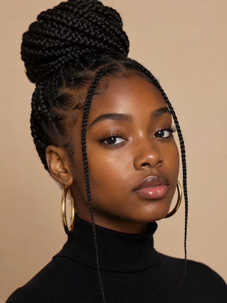 Jumbo Box Braids in a High Bun back to school hairstyles for black women