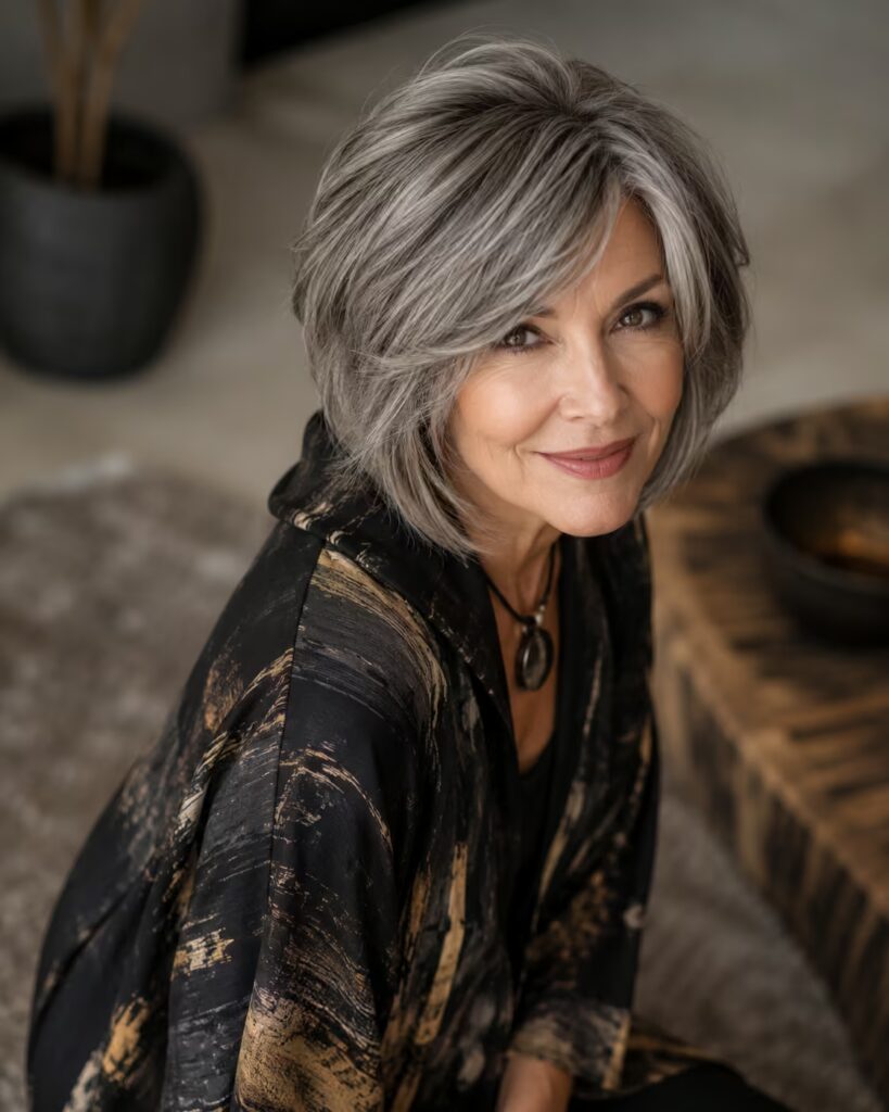 Angled Layers with Fringe Haircut for Older Women