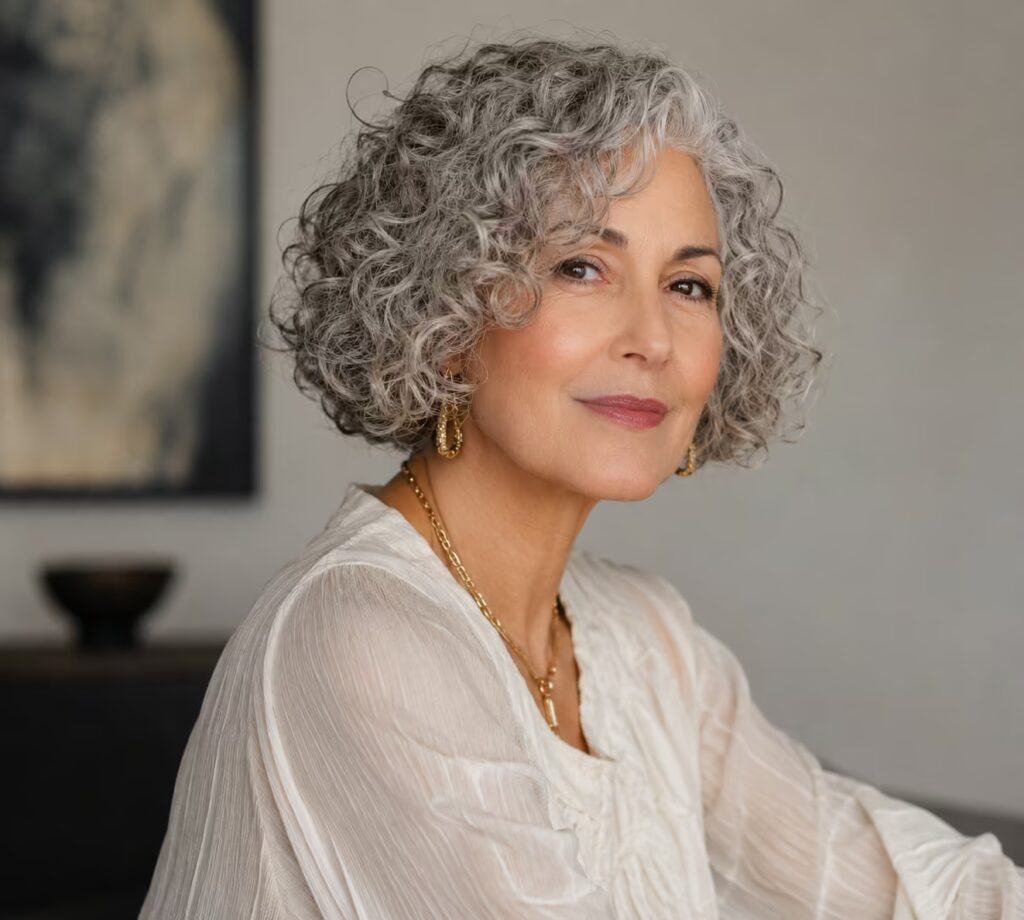 Curly Silver Bob Haircut for Older Women