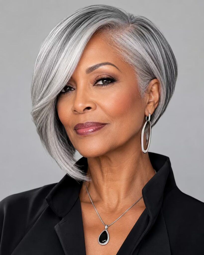 Side-Swept Silver Bob Haircut for Older Women