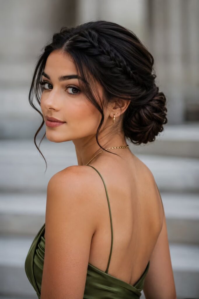 Structured Low Bun with Braided Crown