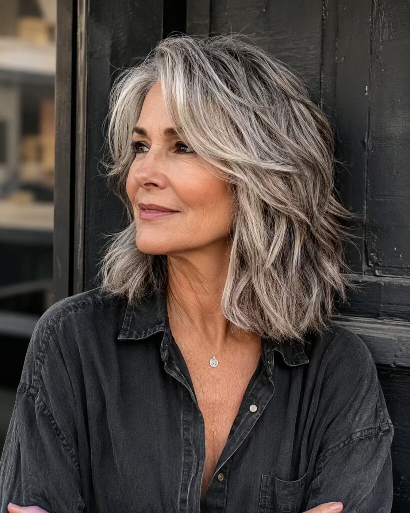 Tousled Silver Lob Haircut for Older Women