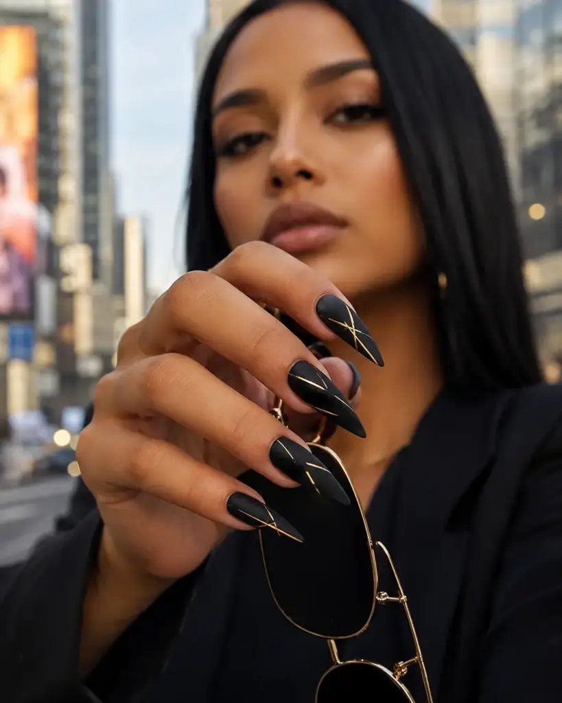 Midnight Gold-Line stiletto nail ideas
