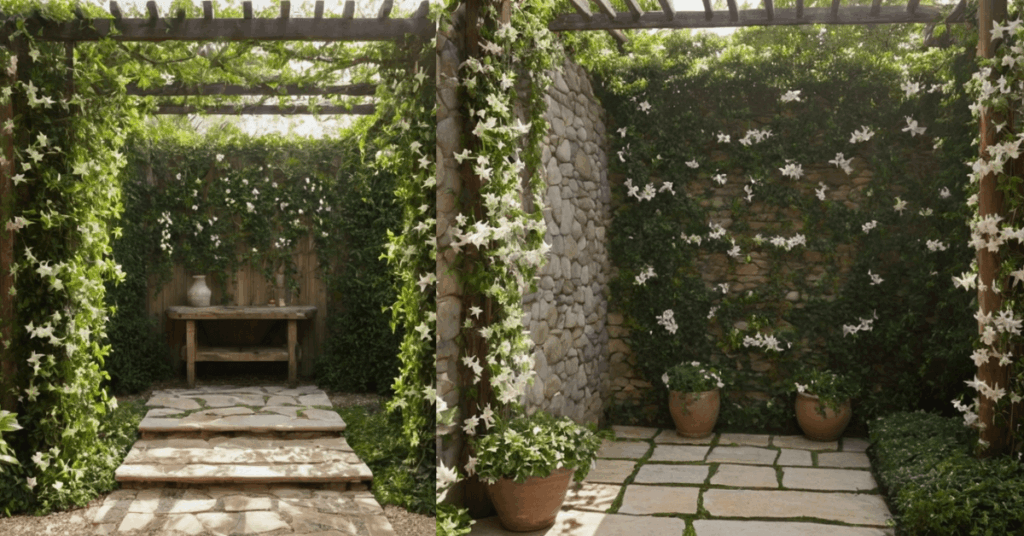 2. Climbing Vines on Trellises or Wire Grids as an Outdoor Shower Privacy Ideas Using Natural Green Screens