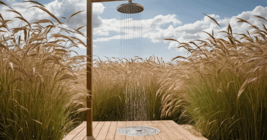 4. Tall Grasses for Movement and Light Screening as an Outdoor Shower Privacy Ideas Using Natural Green Screens