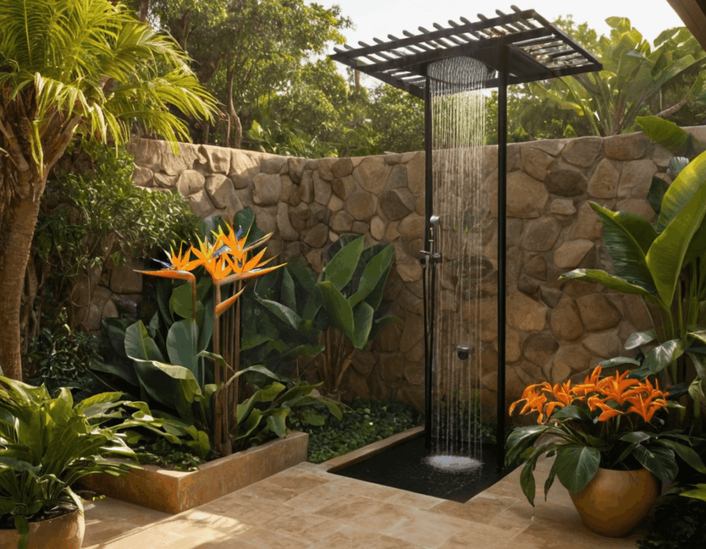 5. Bird of Paradise + Ginger: Tropical Luxe Duo as good Plant Pairing for outdoor shower